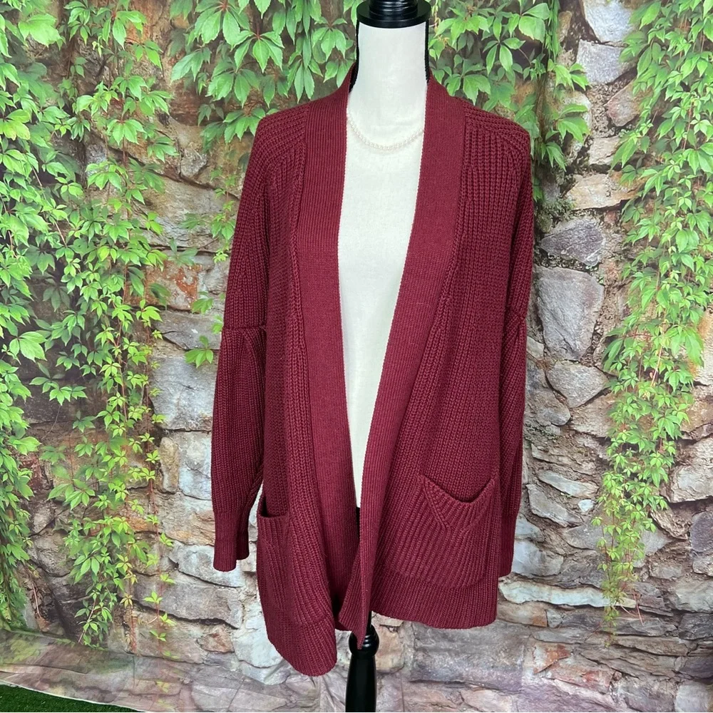 KNITTED & KNOTTED Cranberry Ribbed Open Cardigan, S - Picture 2 of 11